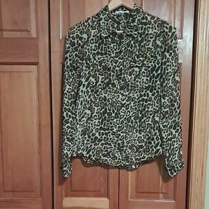 Active USA Leopard Print Button-Up Blouse - Olive Green & Black
